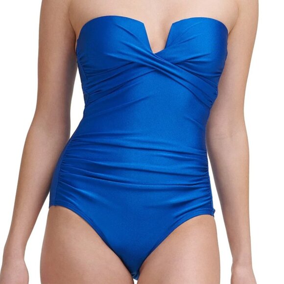 CALVIN KLEIN Women's 8 Blue Tummy Control Split-Cup Bandeau One Piece Swimsuit - Picture 4 of 16